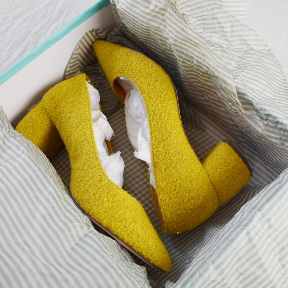 Kate Spade winter wool mustard heels "Madlyne"